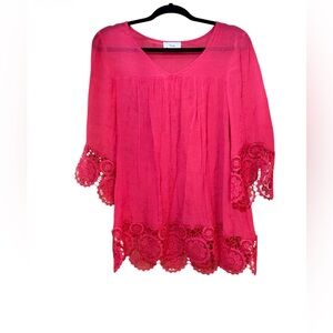 Fyve Coral Pink Boho Lace Trim Blouse Women’s Large Sheer Crochet Hem Peasant